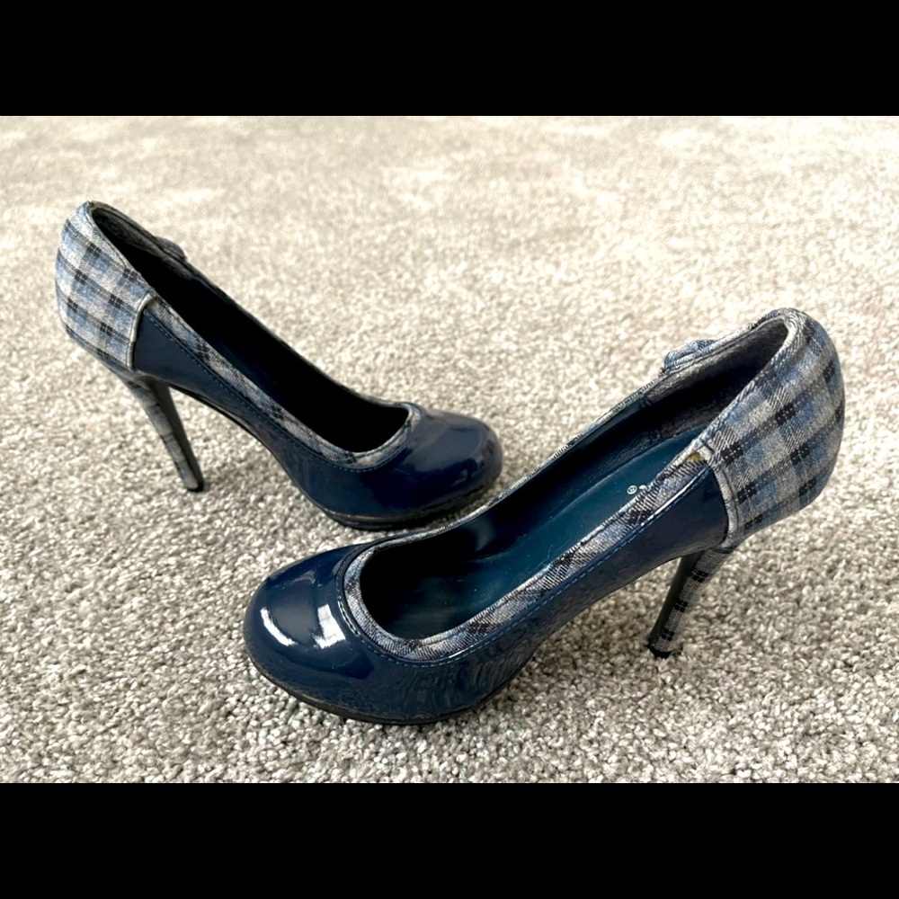 Patent Leather & Plaid Print Heels
